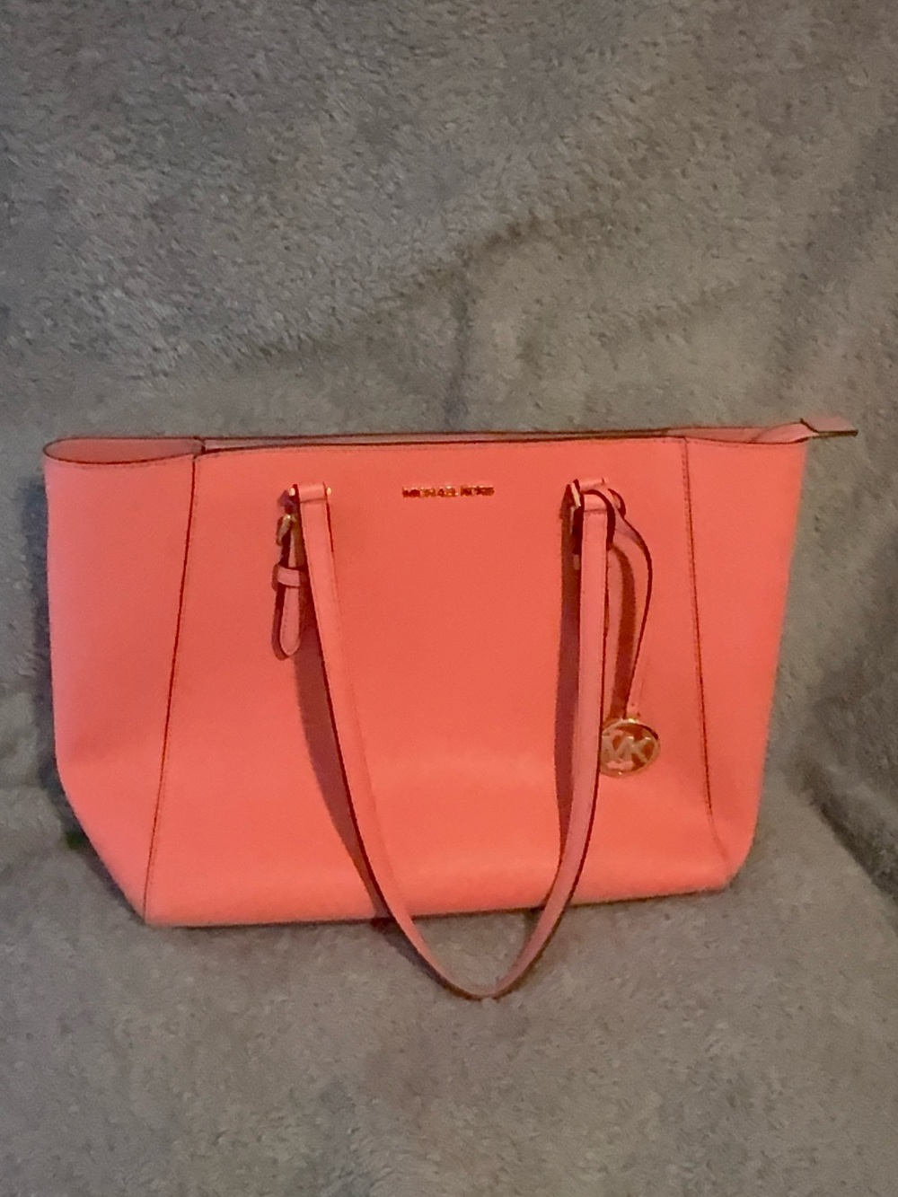 Michael Kors Jet Set Travel Tote Coral Pink Saffiano Leather Large Shoulder Bag